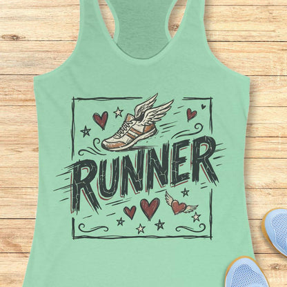Mint green tank top with 'RUNNER' design on a wooden surface