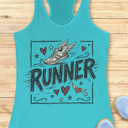 Turquoise tank top with 'RUNNER' design on a wooden surface