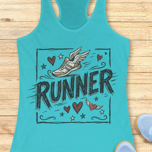 Turquoise tank top with 'RUNNER' design on a wooden surface