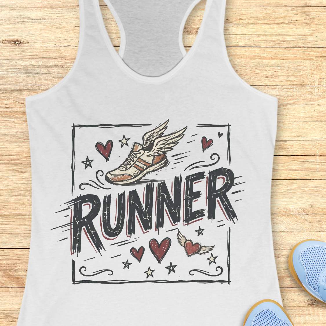 white tank top with 'RUNNER' design on a wooden surface