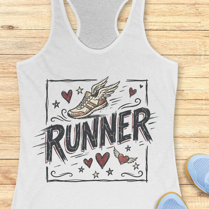 white tank top with 'RUNNER' design on a wooden surface