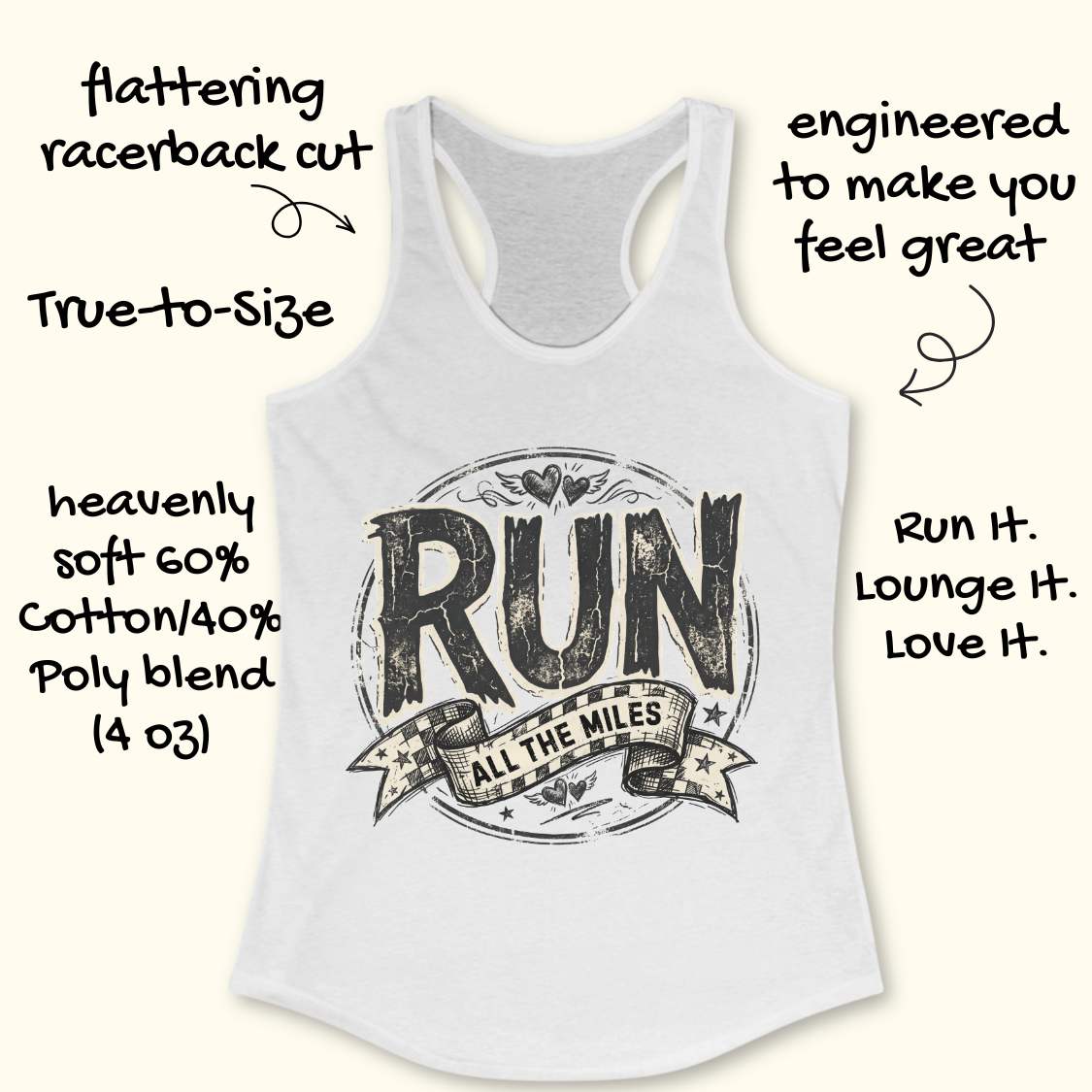 White tank top with 'RUN ALL THE MILES' text and features listed on a white background
