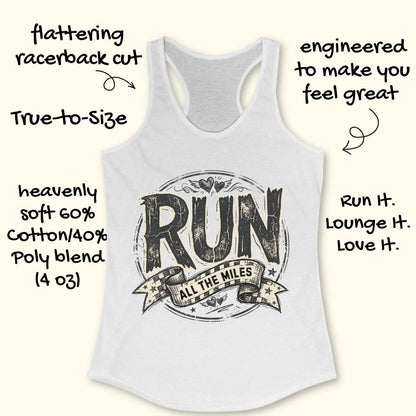 White tank top with 'RUN ALL THE MILES' text and features listed on a white background