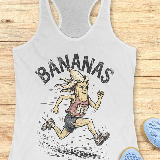 white tank top with cartoon character and 'BANANAS' text on a wooden surface