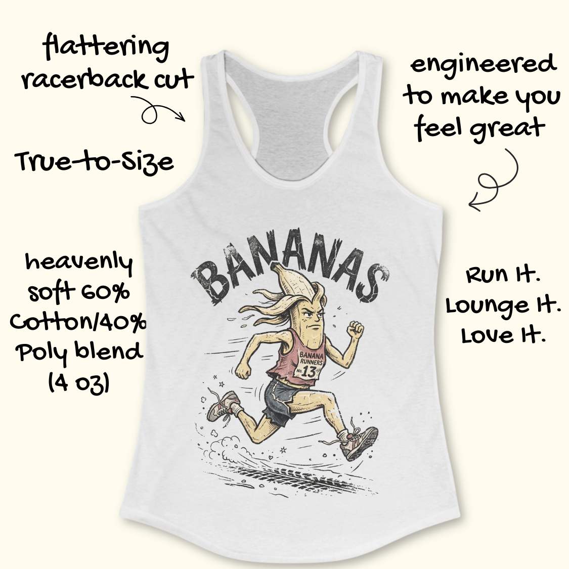 White tank top with 'BANANAS' graphic and running woman illustration, featuring text about tank top features.