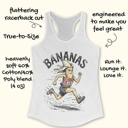 White tank top with 'BANANAS' graphic and running woman illustration, featuring text about tank top features.