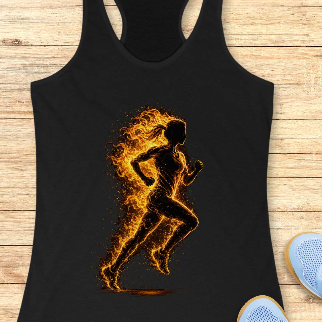 Black tank top with a fiery running woman design on a wooden surface