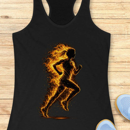 Black tank top with a fiery running woman design on a wooden surface