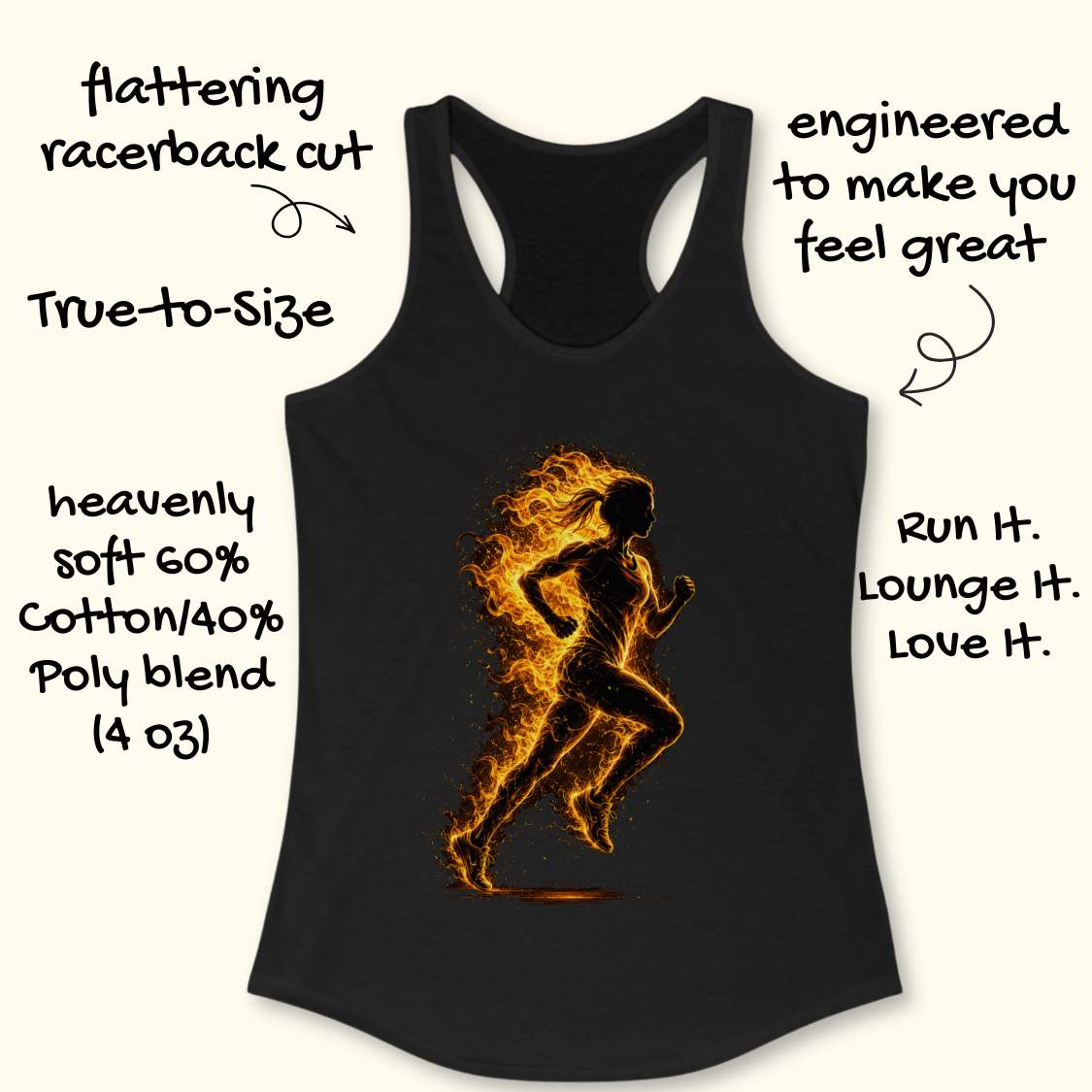 Black tank top with a fiery running silhouette on a white background