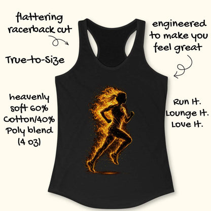 Black tank top with a fiery running silhouette on a white background