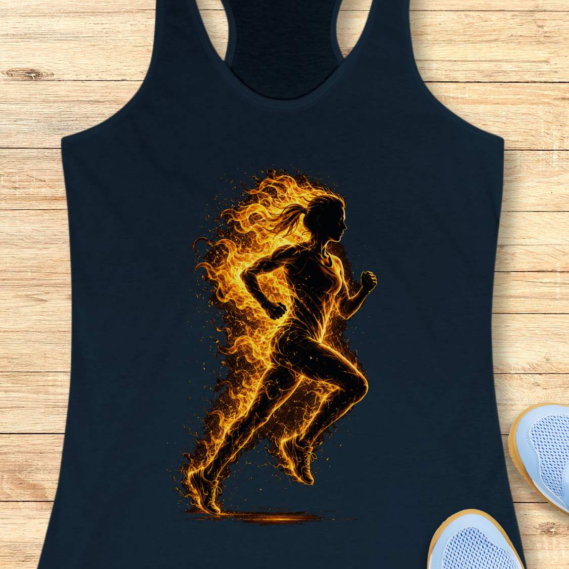 navy tank top with a fiery running woman design on a wooden surface
