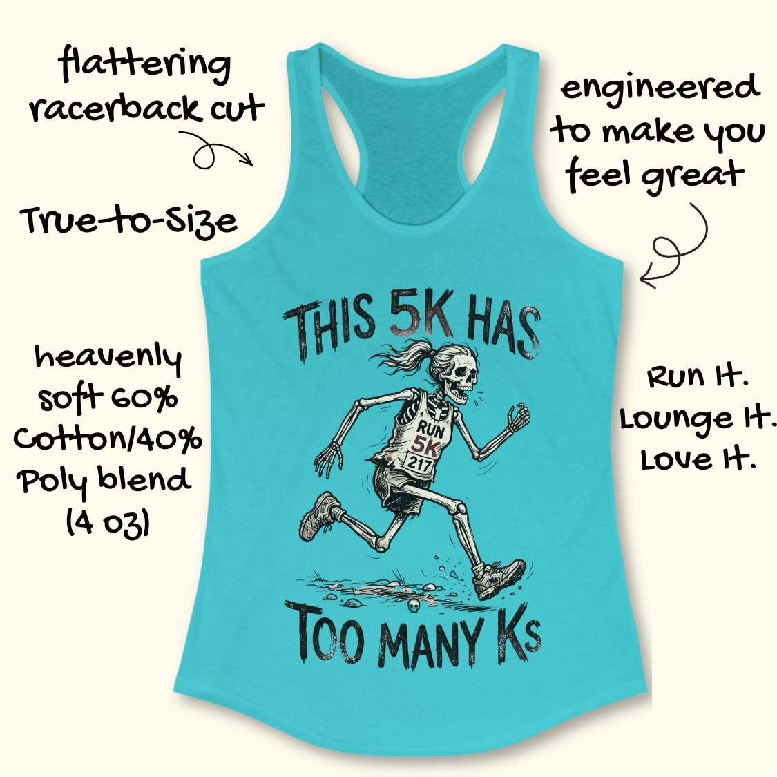 Blue tank top with skeleton running design and text 'This 5k has too many Ks',  on a white background