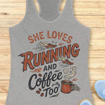 Gray tank top with 'She loves running and coffee too' text on a wooden surface