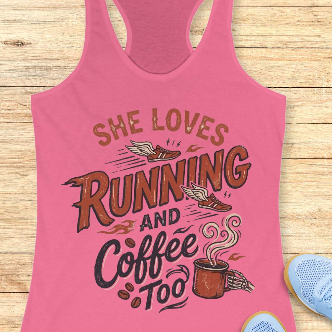 Pink tank top with 'She loves running and coffee too' text on a wooden surface.