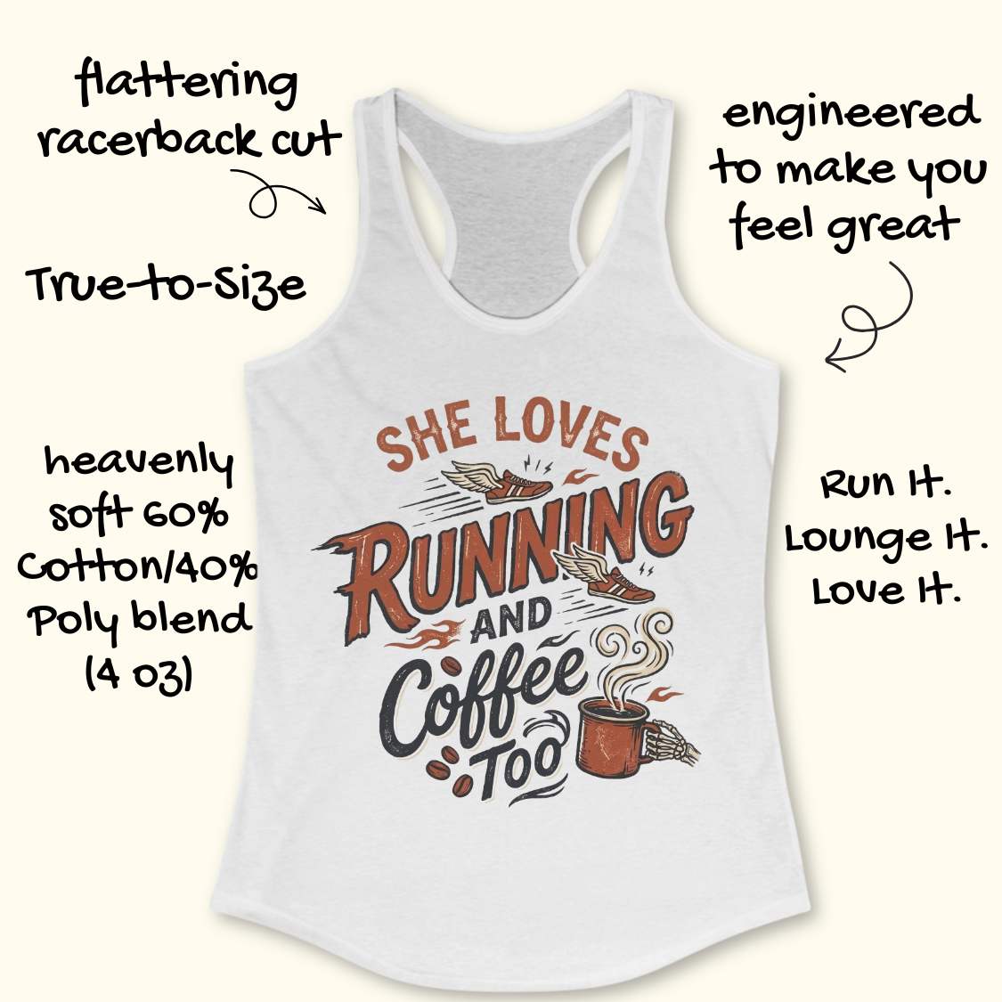 White tank top with 'She Loves Running and Coffee Too' text and graphics on a white background