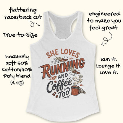 White tank top with 'She Loves Running and Coffee Too' text and graphics on a white background