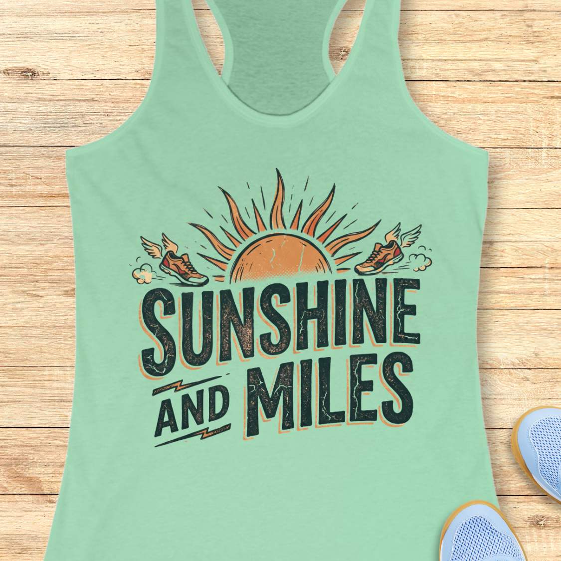 Mint green tank top with 'Sunshine and Miles' design on a wooden surface