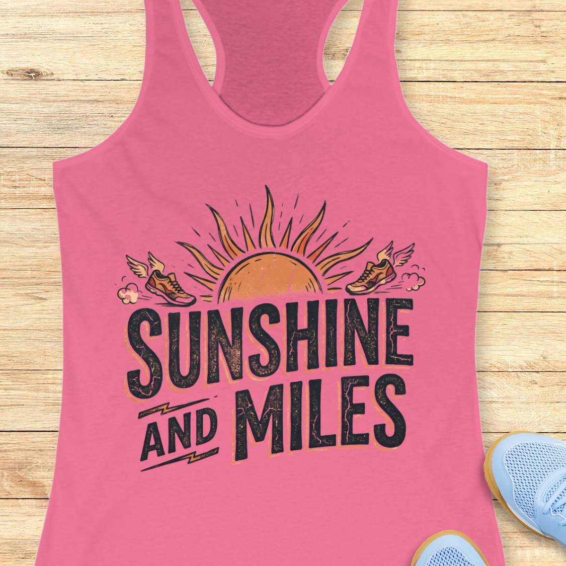 Pink tank top with 'Sunshine and Miles' design on a wooden surface