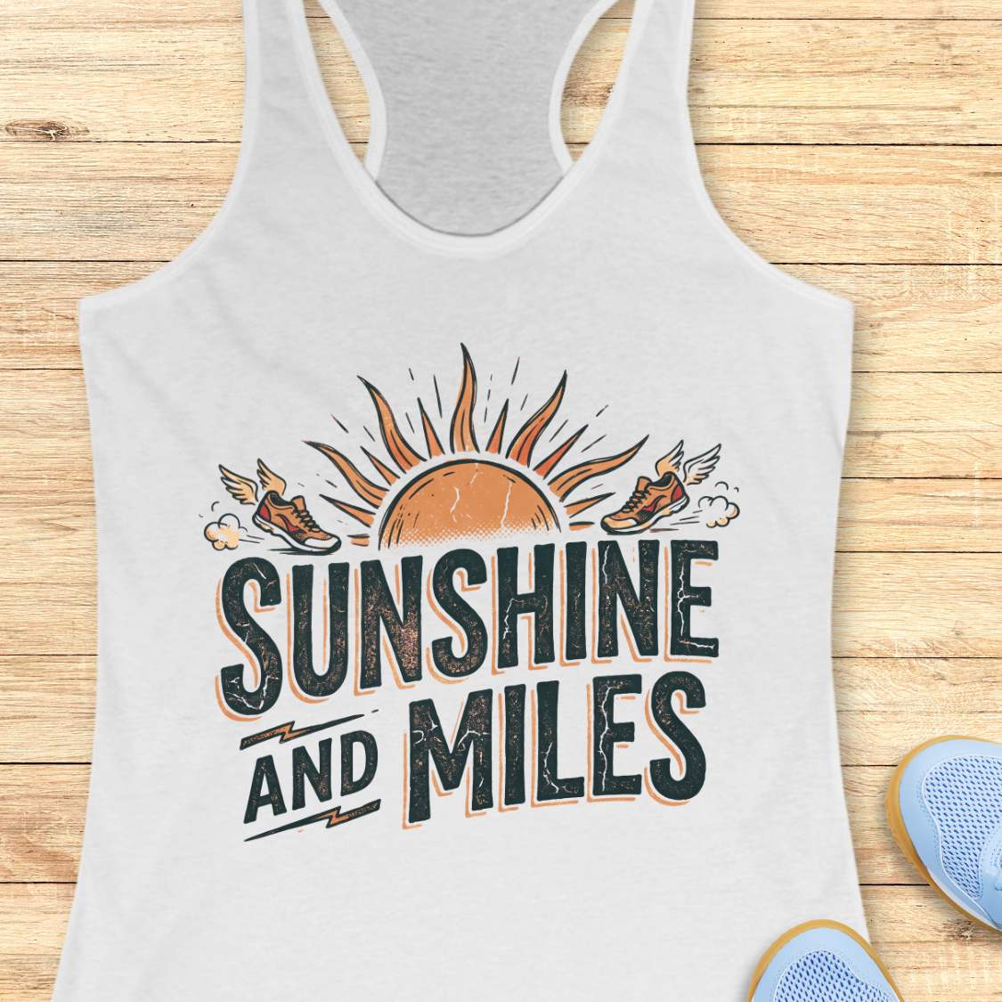 white tank top with 'Sunshine and Miles' graphic on a wooden surface