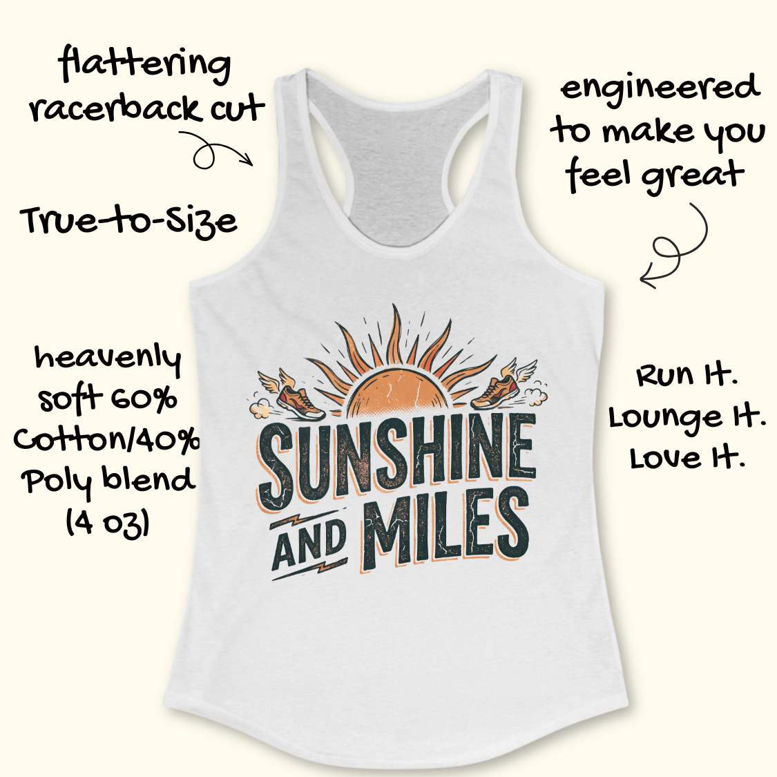 White tank top with 'Sunshine and Miles' design on a white background