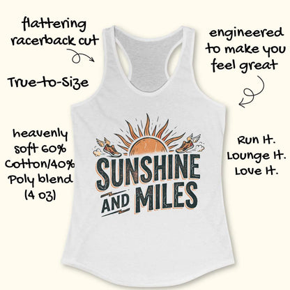 White tank top with 'Sunshine and Miles' design on a white background