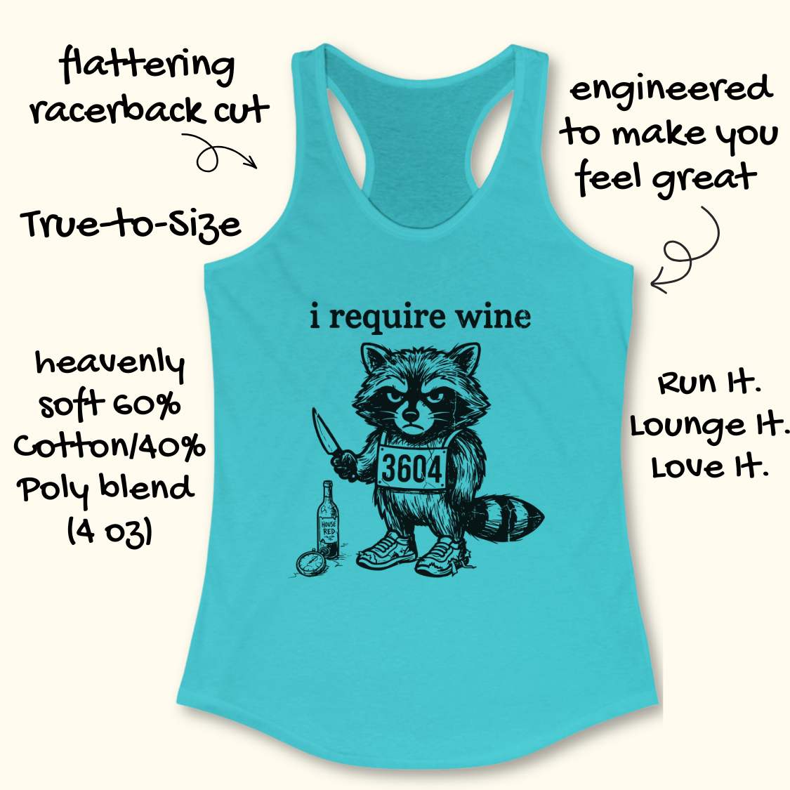 Blue tank top with a raccoon graphic and text on a white background