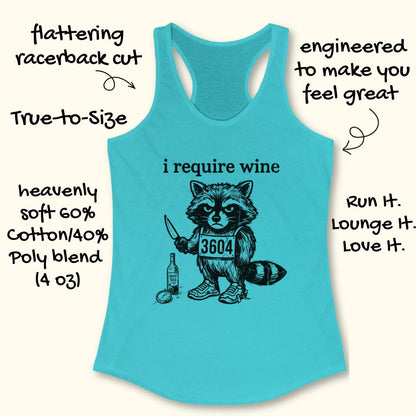 Blue tank top with a raccoon graphic and text on a white background