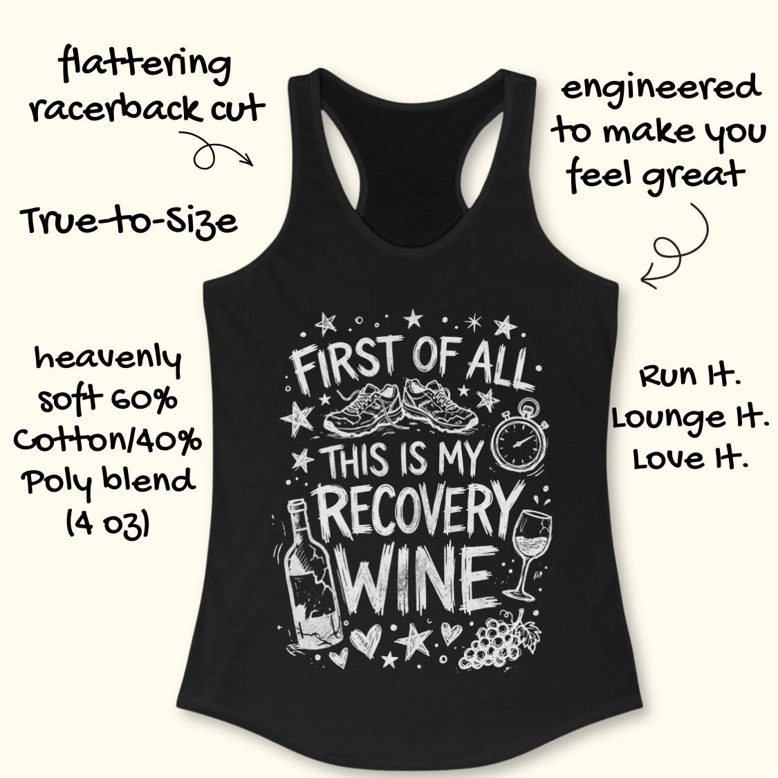 Black tank top with 'First of all, this is my recovery wine' text and graphics on a white background.
