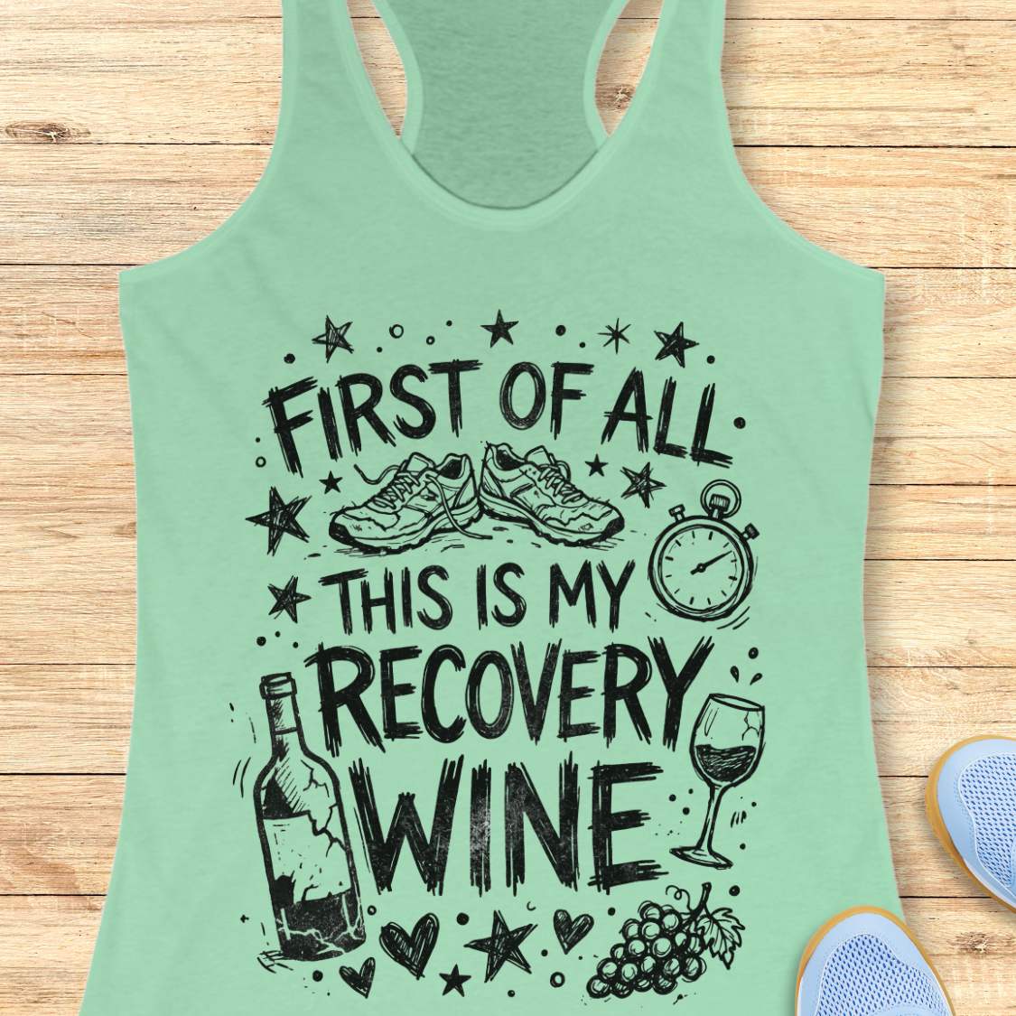 Mint green tank top with humorous text 'first of all, this is my recovery wine', and graphics on a wooden surface