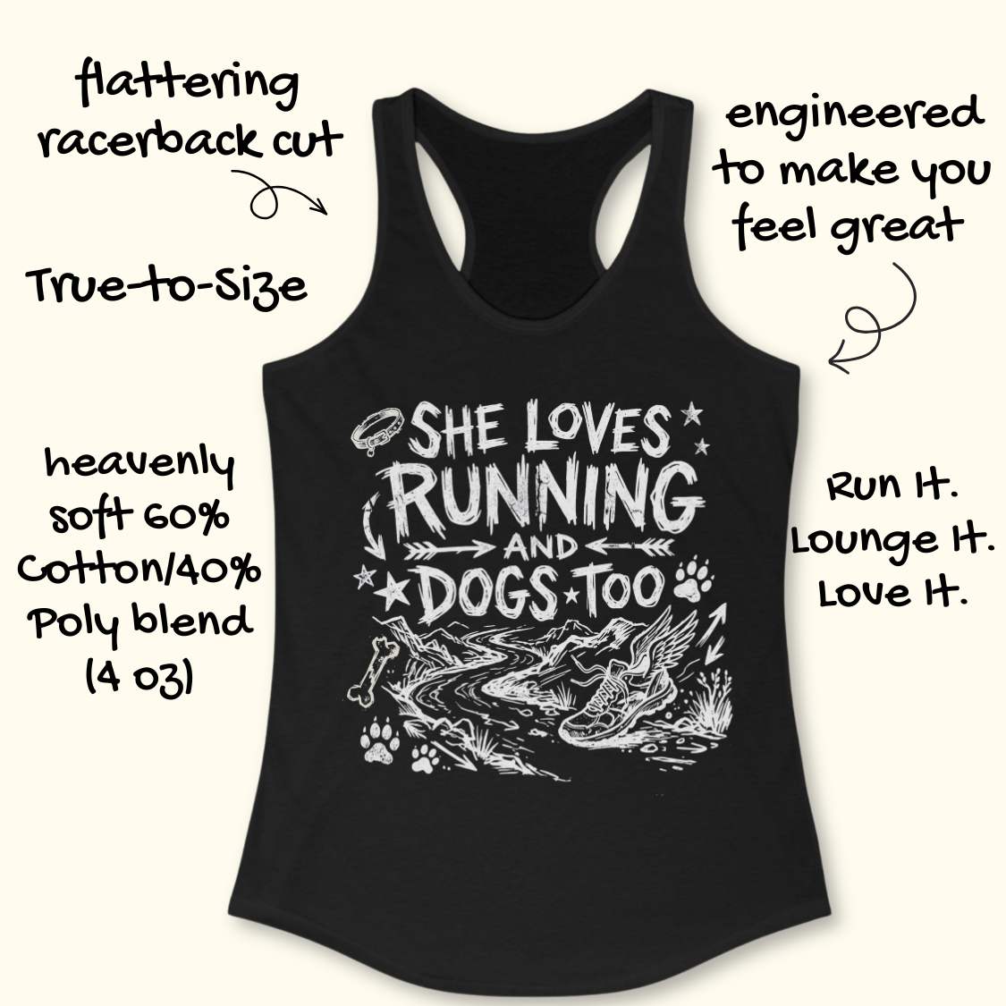 Black tank top with white text 'she loves running and dogs too', and graphics on a white background
