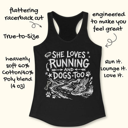Black tank top with white text 'she loves running and dogs too', and graphics on a white background