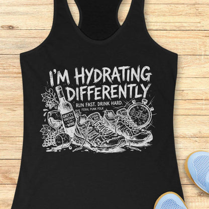 Black tank top with white graphic and text  'I'm hydrating differently', on a wooden surface