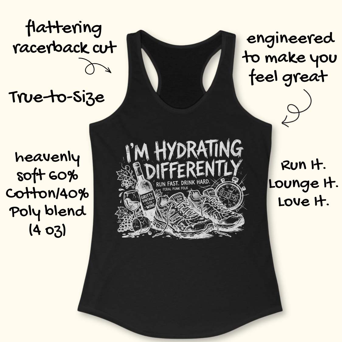 Black tank top with graphic design and text  'I'm hydrating differently', on a white background