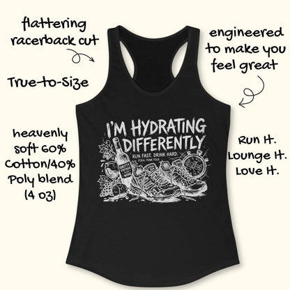 Black tank top with graphic design and text  'I'm hydrating differently', on a white background