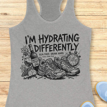Gray tank top with black graphic design  'I'm hydrating differently', on a wooden surface