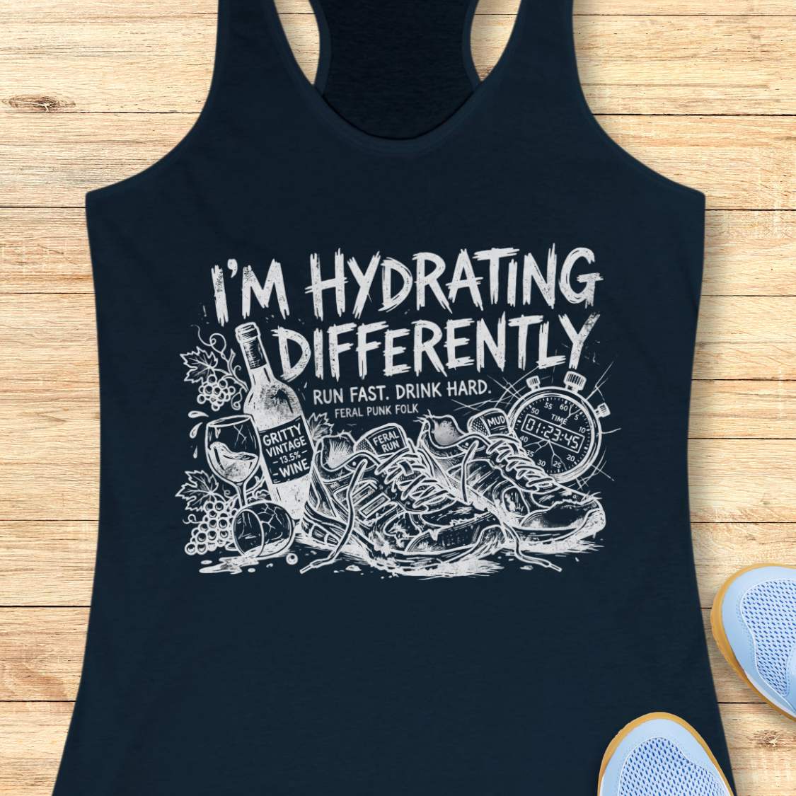 navy tank top with white graphic and text  'I'm hydrating differently', on a wooden surface