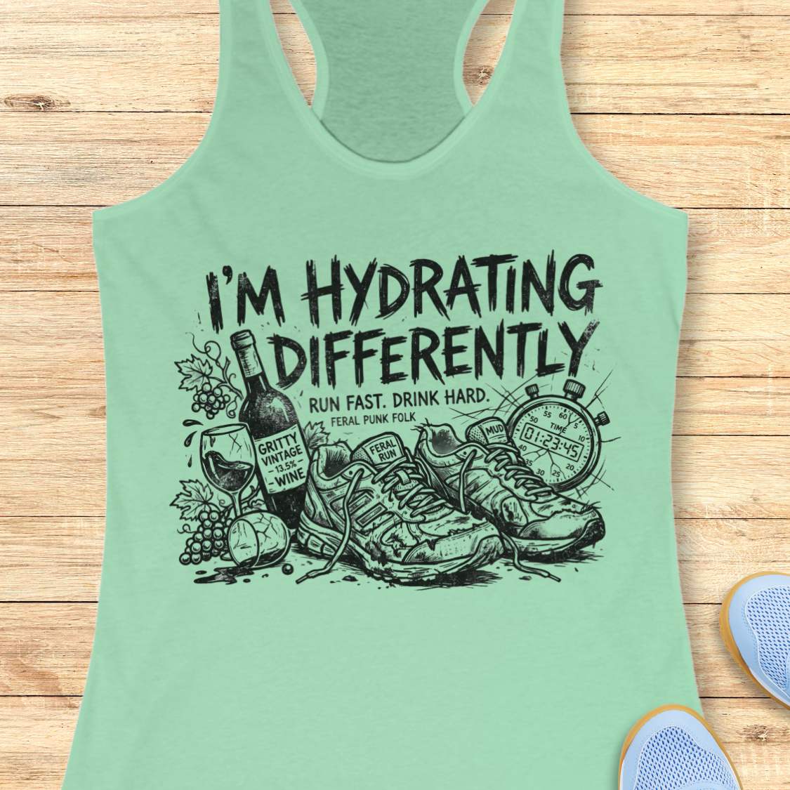 Mint green tank top with graphic design and text  'I'm hydrating differently', on a wooden surface
