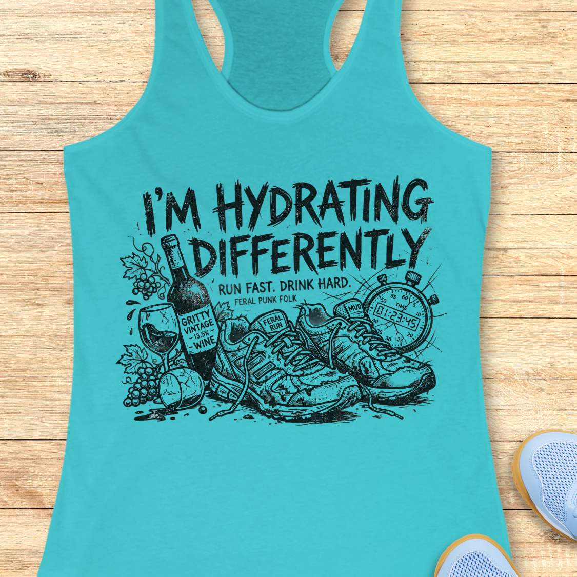 Turquoise tank top with black graphic design and text 'I'm hydrating differently', on a wooden surface
