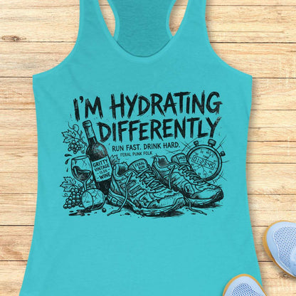 Turquoise tank top with black graphic design and text 'I'm hydrating differently', on a wooden surface