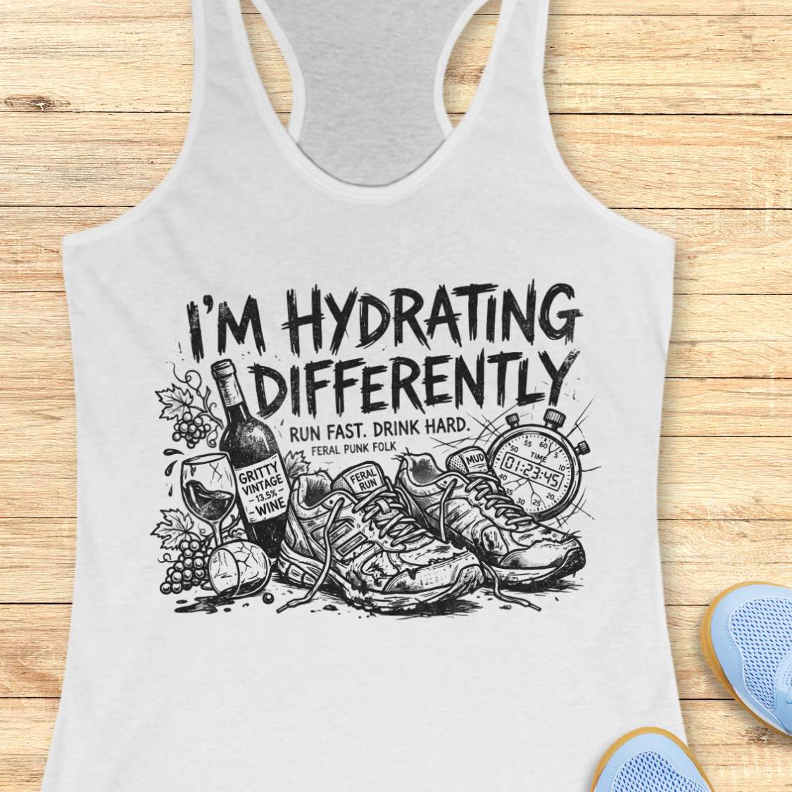 white tank top with graphic design and text  'I'm hydrating differently', on a wooden surface