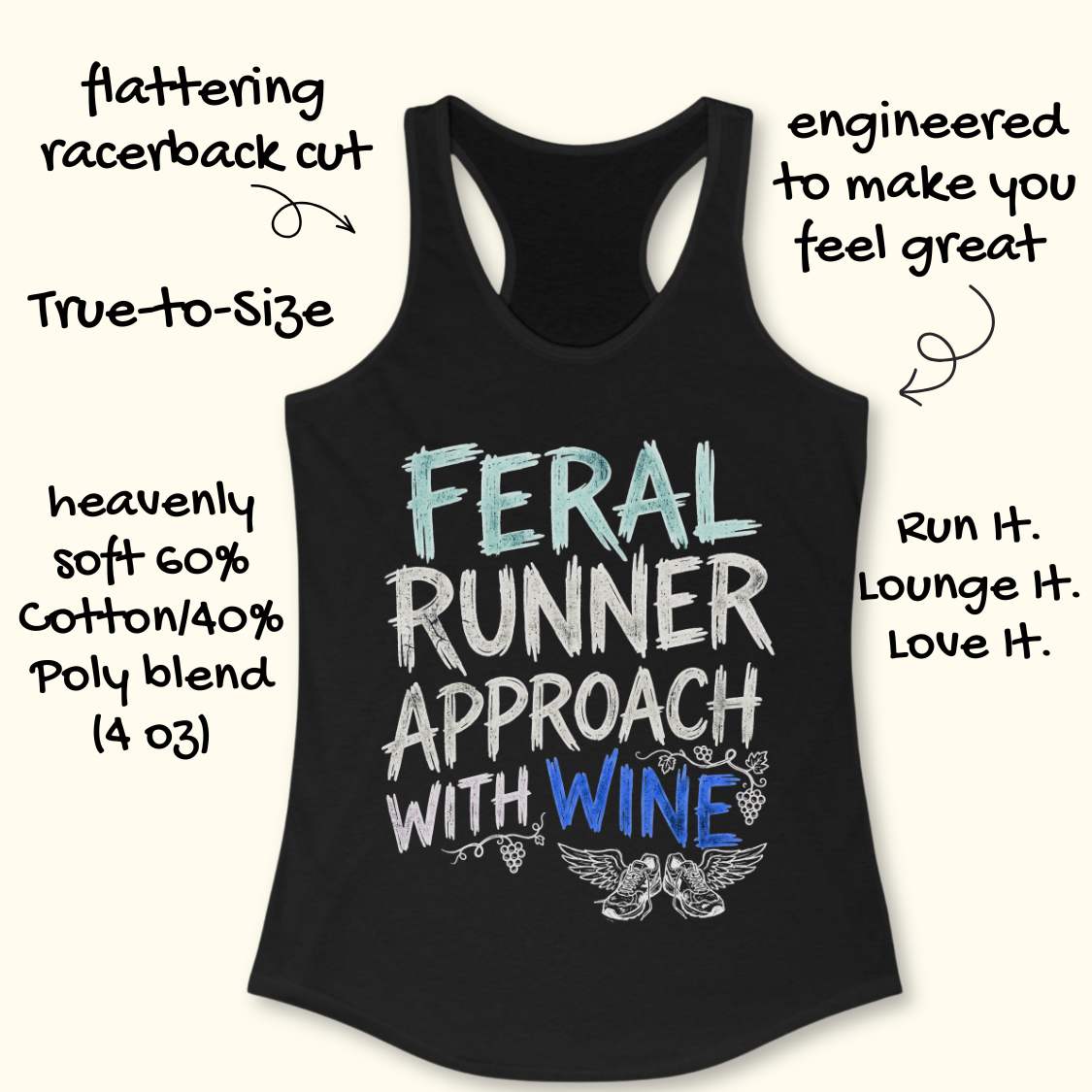 black tank top with black graphic design and text 'feral runner approach with wine', on a white surface