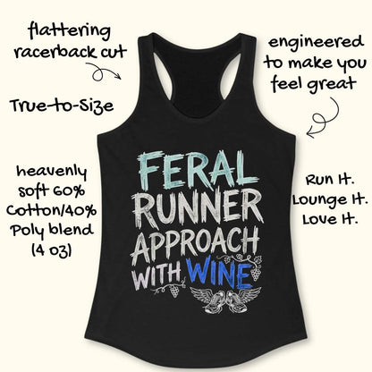 black tank top with black graphic design and text 'feral runner approach with wine', on a white surface