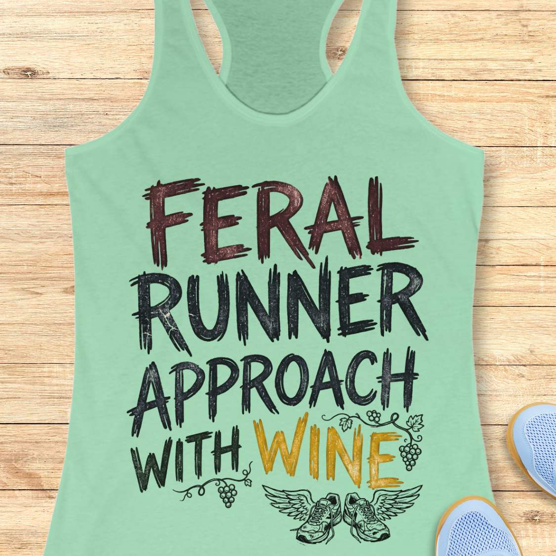 mint tank top with black graphic design and text 'feral runner approach with wine', on a wooden surface