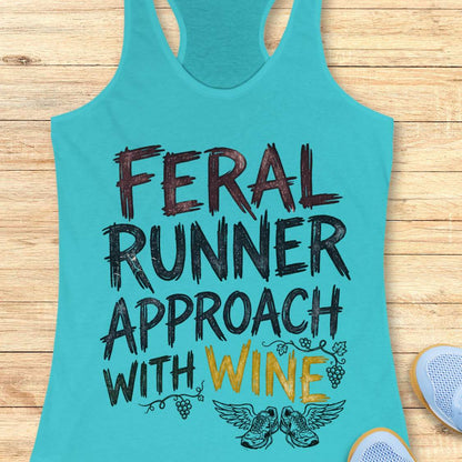 blue tank top with black graphic design and text 'feral runner approach with wine', on a wooden surface
