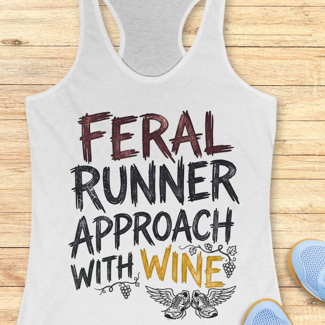 white tank top with black graphic design and text 'feral runner approach with wine', on a wooden surface