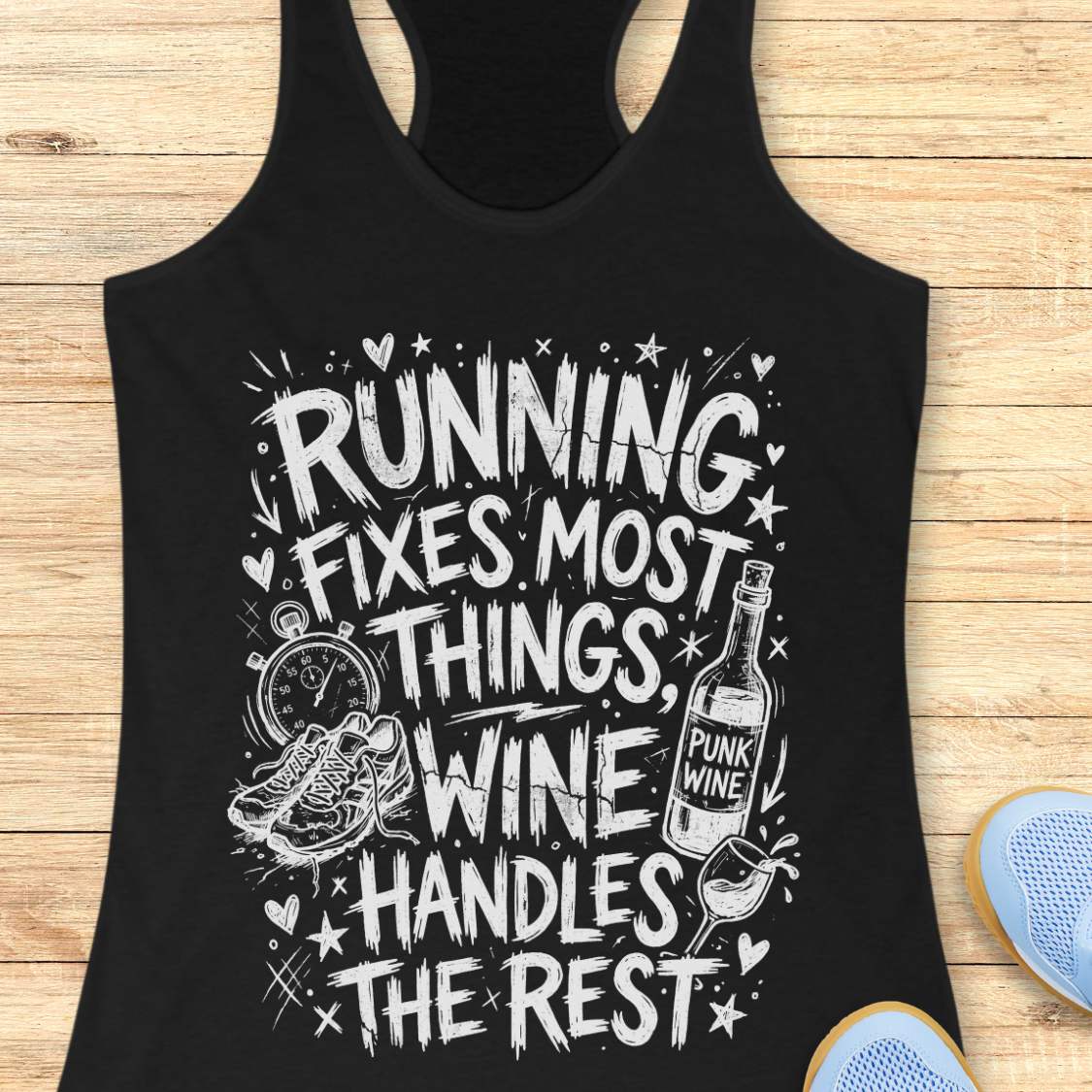 black tank top with black graphic design and text 'running fixes most things, wine handles the rest', on a wooden surface