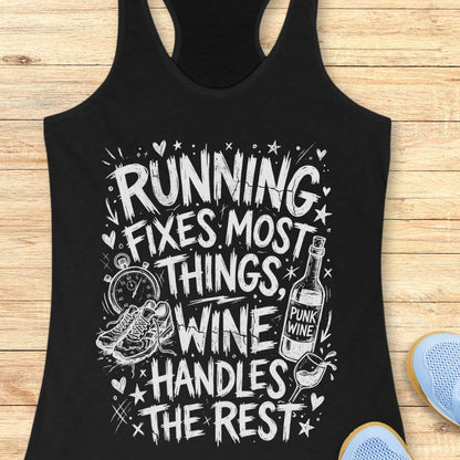 black tank top with black graphic design and text 'running fixes most things, wine handles the rest', on a wooden surface
