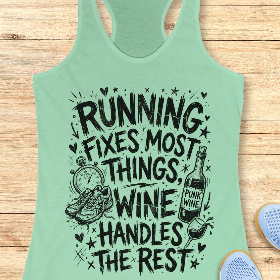 mint tank top with black graphic design and text 'running fixes most things, wine handles the rest', on a wooden surface