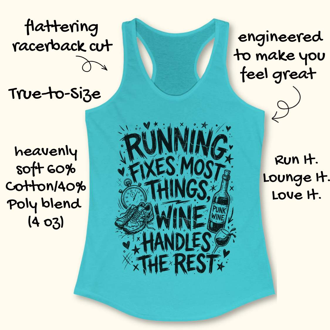 blue tank top with black graphic design and text 'running fixes most things, wine handles the rest', on a white surface