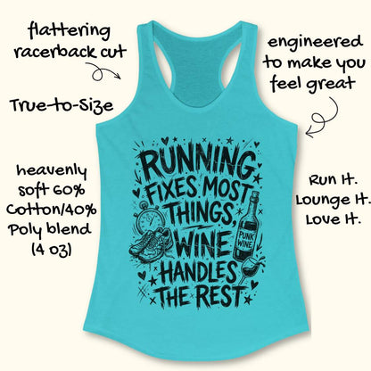 blue tank top with black graphic design and text 'running fixes most things, wine handles the rest', on a white surface